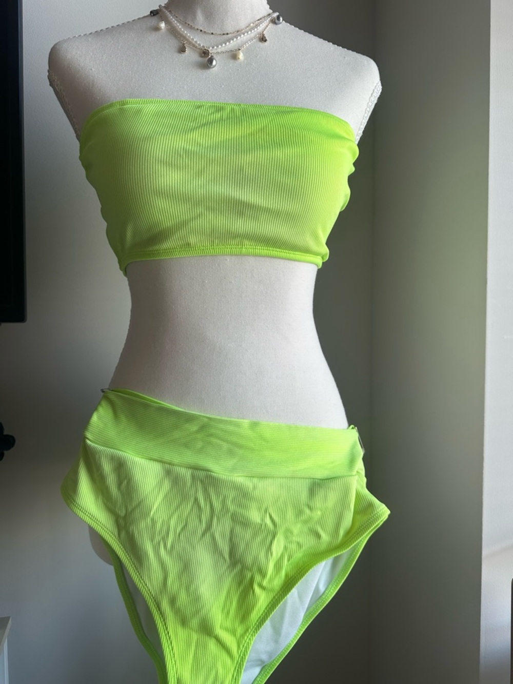 Neon Lime Strapless Ribbed Bikini Set - Women Swim Bikinis